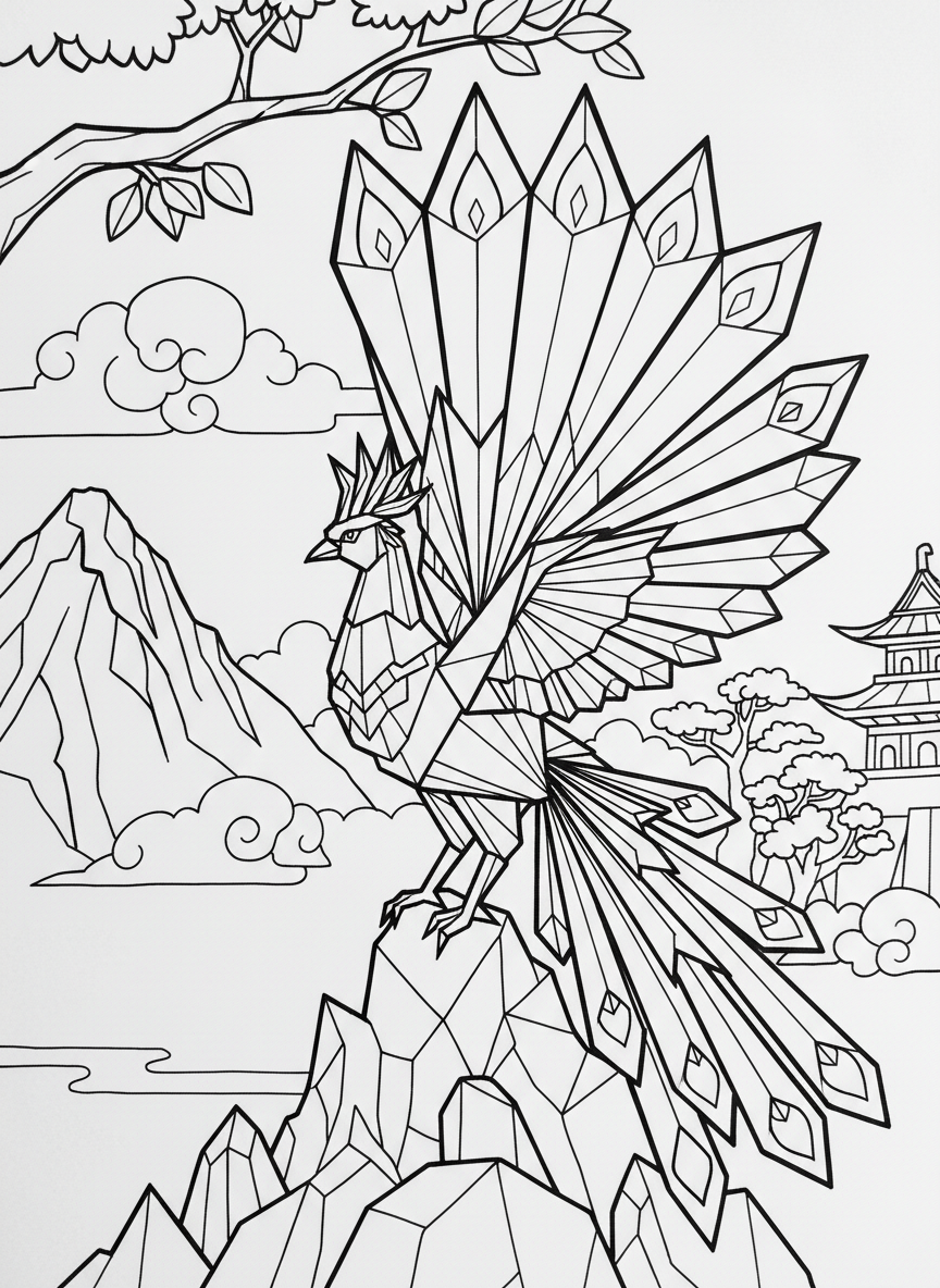 A detailed origami phoenix with elaborate tail feathers spreading upward, multiple layers of folds creating flame-like patterns.