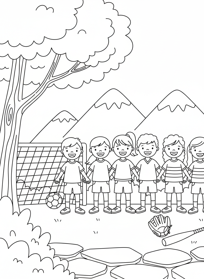 An end-of-game moment with kids smiling proudly as they line up to thank each other.