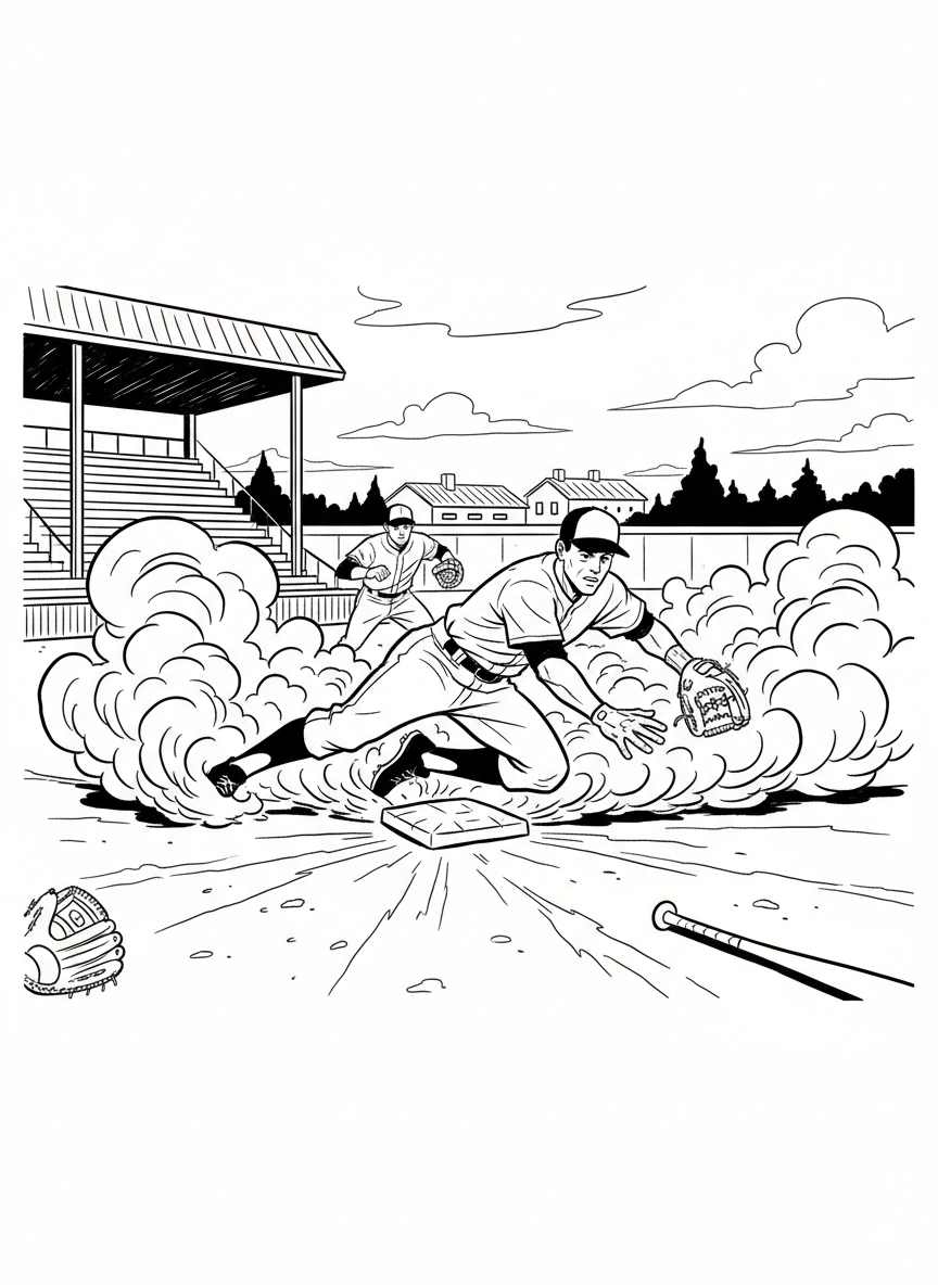 A base runner sliding into second base with dust clouds around, action-packed moment with clear outlines and dynamic movement.