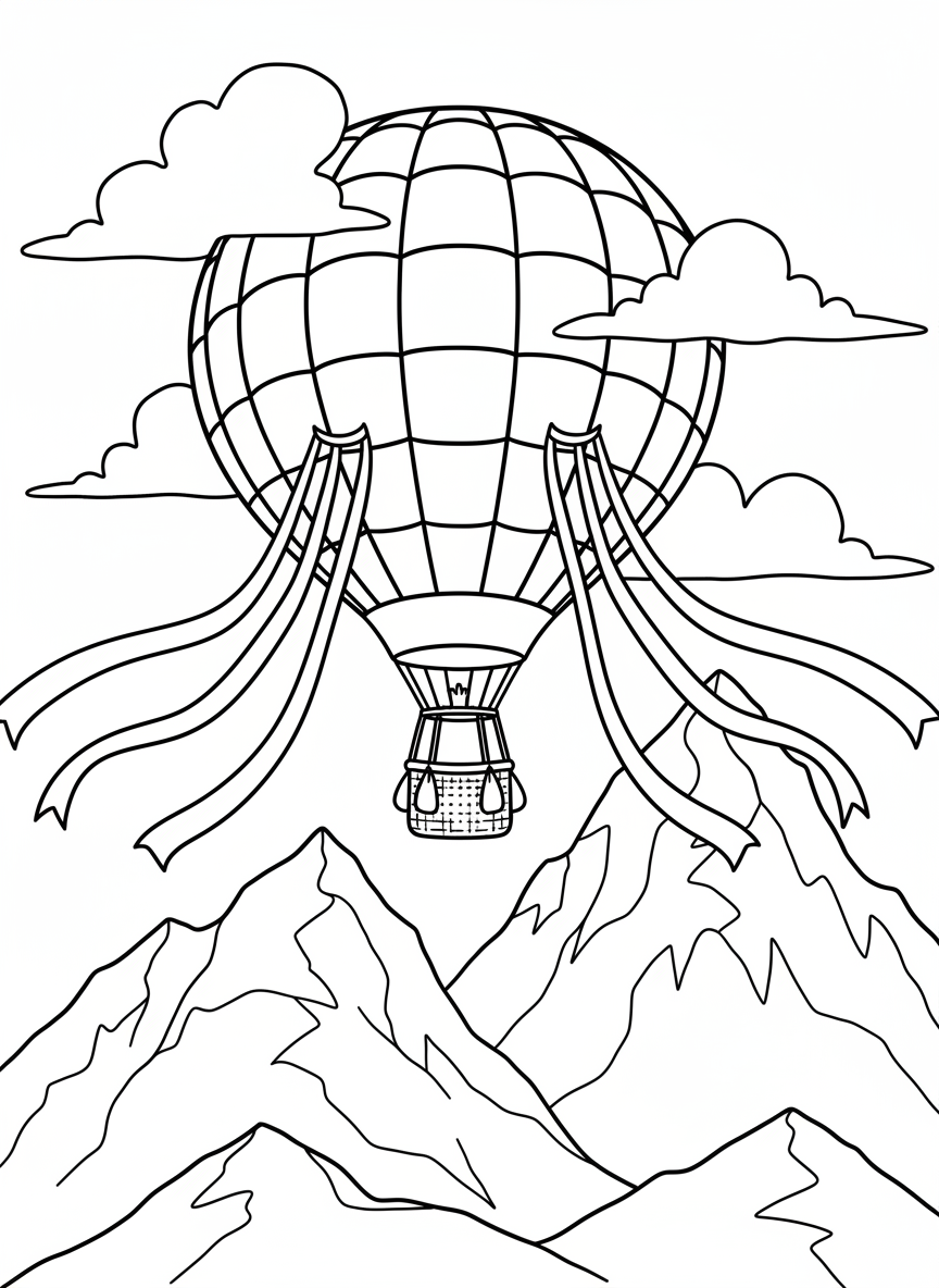 A hot air balloon with checkered patterns and ribbons streaming from the basket, soaring above mountains.