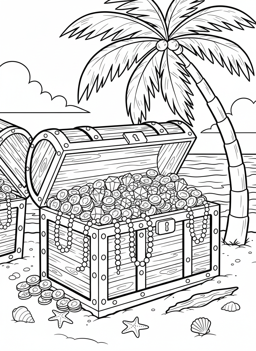 A wooden treasure chest overflowing with gold coins, jewels, and pearl necklaces, sitting on a sandy beach with seashells nearby