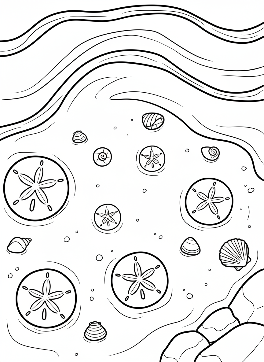 A sandy tide pool bottom with several sand dollars, small shells, and gentle wave patterns in the shallow water.
