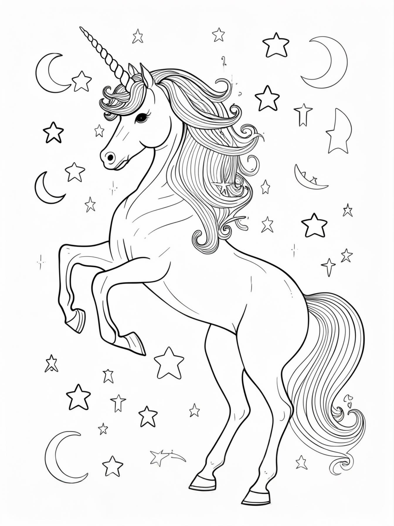 A majestic unicorn standing on its hind legs, with a mane and tail made of flowing stars and crescent moons.