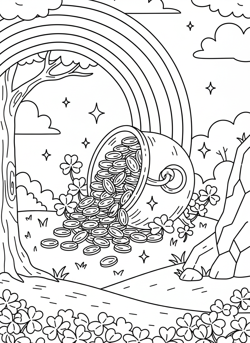 A large pot of gold overflowing with coins at the end of a rainbow, surrounded by clovers and sparkles in a simple outdoor setting.