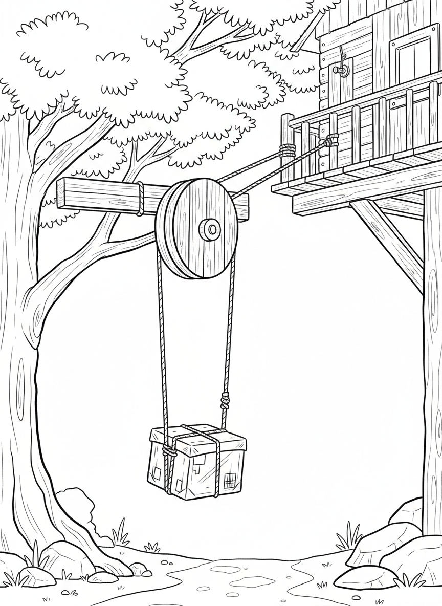 A mechanical pulley system with wheels and ropes connecting ground level to a treehouse, with a package halfway up the journey.