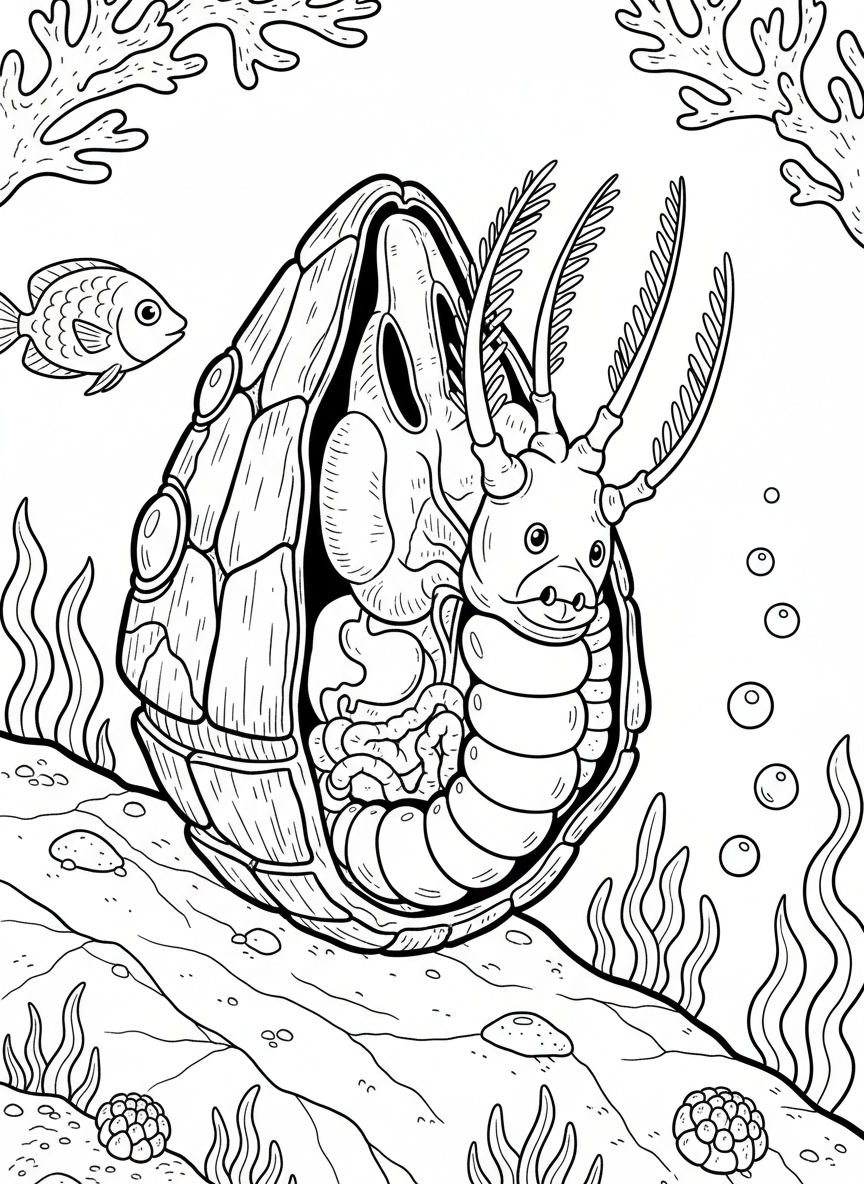 A cross-section view of a barnacle showing the creature inside its shell home, educational and simple for kids to understand