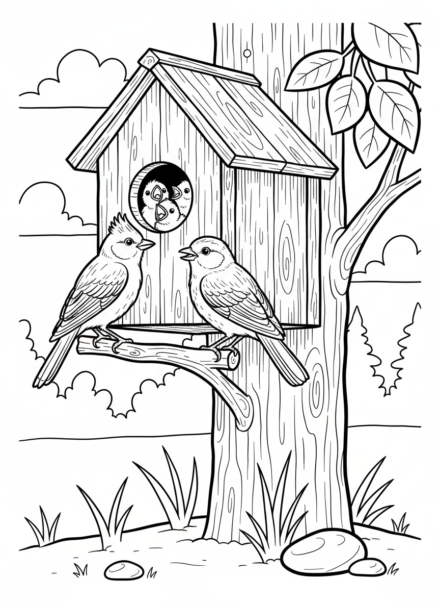 A bluebird family with parents and chicks gathered around a rustic wooden nesting box