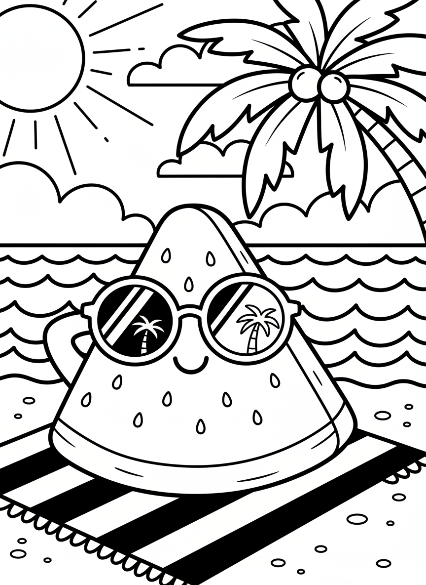 A happy kawaii slice of watermelon with seeds as freckles, wearing sunglasses and relaxing on a beach towel