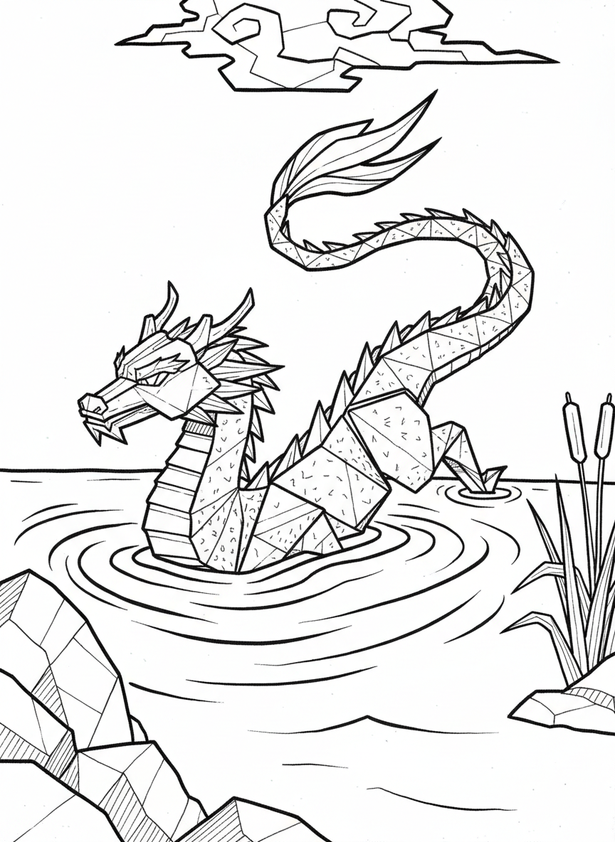 A swimming origami dragon creating ripples in water, with visible paper-fold texture and flowing geometric tail segments.