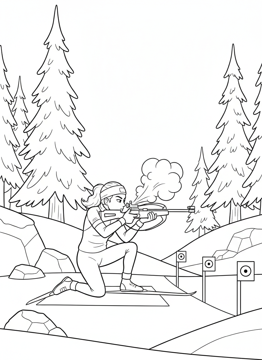 Winter Olympics coloring page prompts capturing snowy venues, cold-weather sports, and dramatic winter competition.	A biathlete pausing at the range, breath visible in cold air while focusing carefully before the next shot.