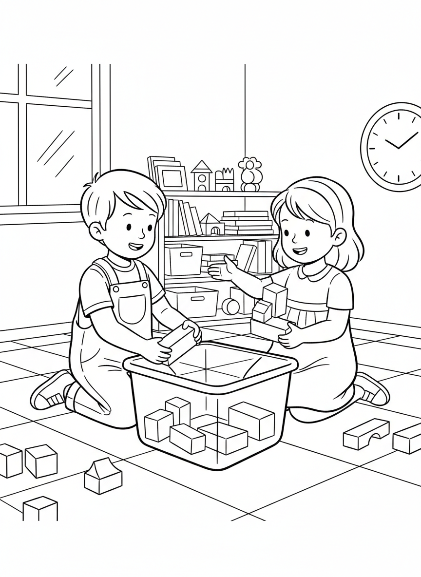 Two children putting blocks into a container together, cooperative action, classroom floor setting, clean bold outlines, high contrast, no text, no logos