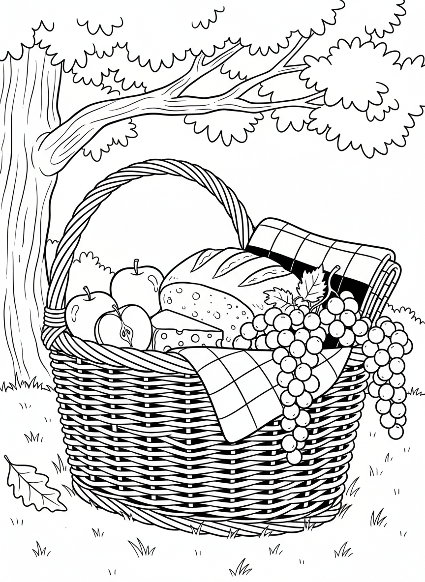 A close-up of a picnic basket overflowing with food including apples, bread, cheese, and grapes, with a folded blanket on top.