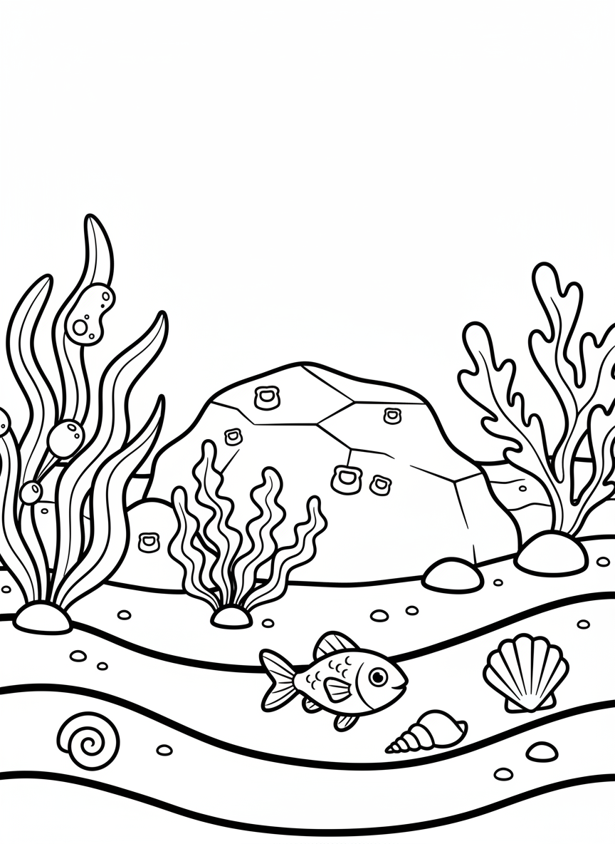 Simple tide pool scene with three types of seaweed, a few shells, and a small fish, perfect for toddlers