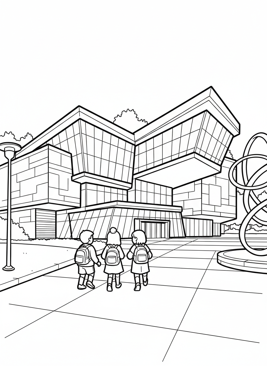 The COSI building exterior with its modern geometric architecture and children walking toward the entrance with backpacks