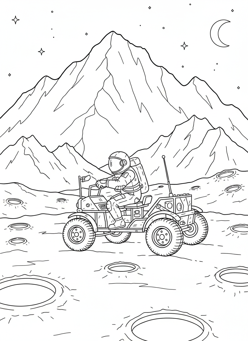 An astronaut riding in a lunar rover across the moon's bumpy surface, with mountains and craters in the distance