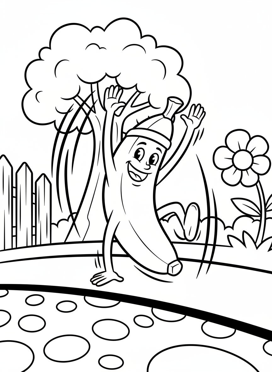 A smiling banana doing a cartwheel, playful action pose with motion lines