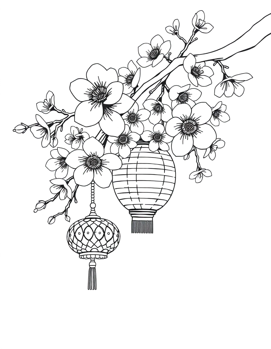 Cherry Blossoms: A branch of blooming plum or cherry blossoms with a lantern hanging from it, symbolizing spring's arrival.