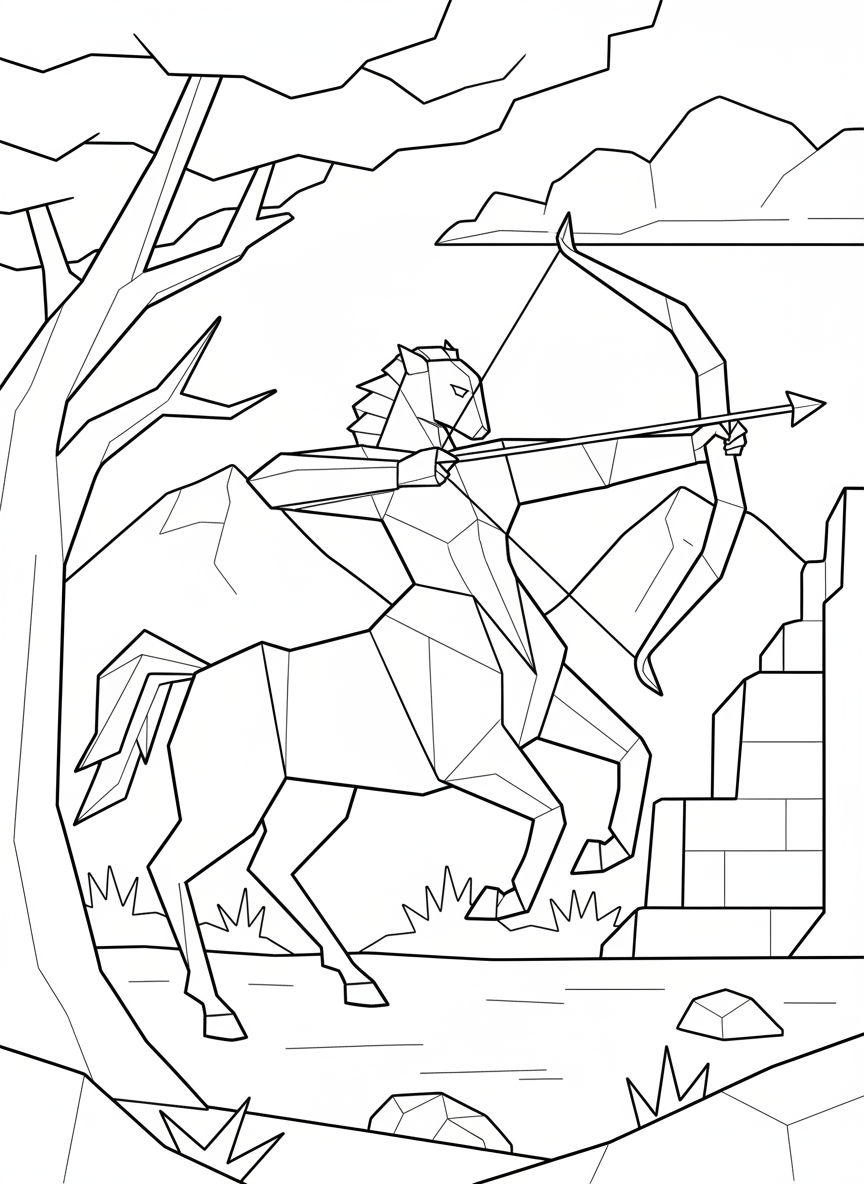 An origami centaur with angular horse body and human torso made of folded paper, holding a bow, coloring page