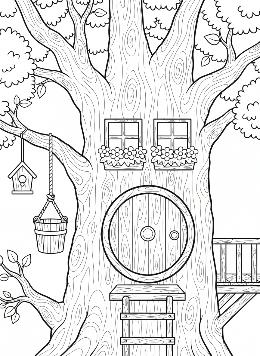 A close-up view of a treehouse entrance with a round door, flower boxes on the windows, and a rope pulley system.