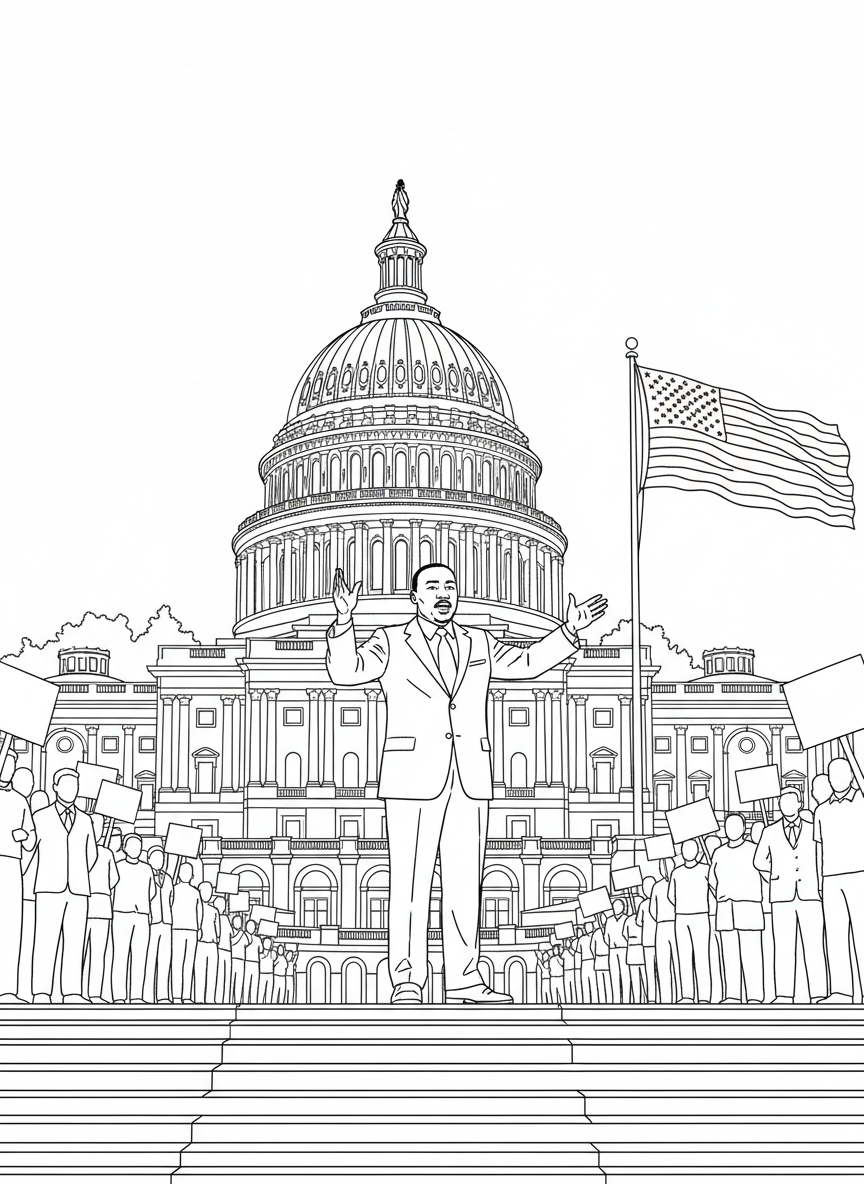Martin Luther King Jr. standing on steps with the Capitol building behind him, American flag waving in the breeze
