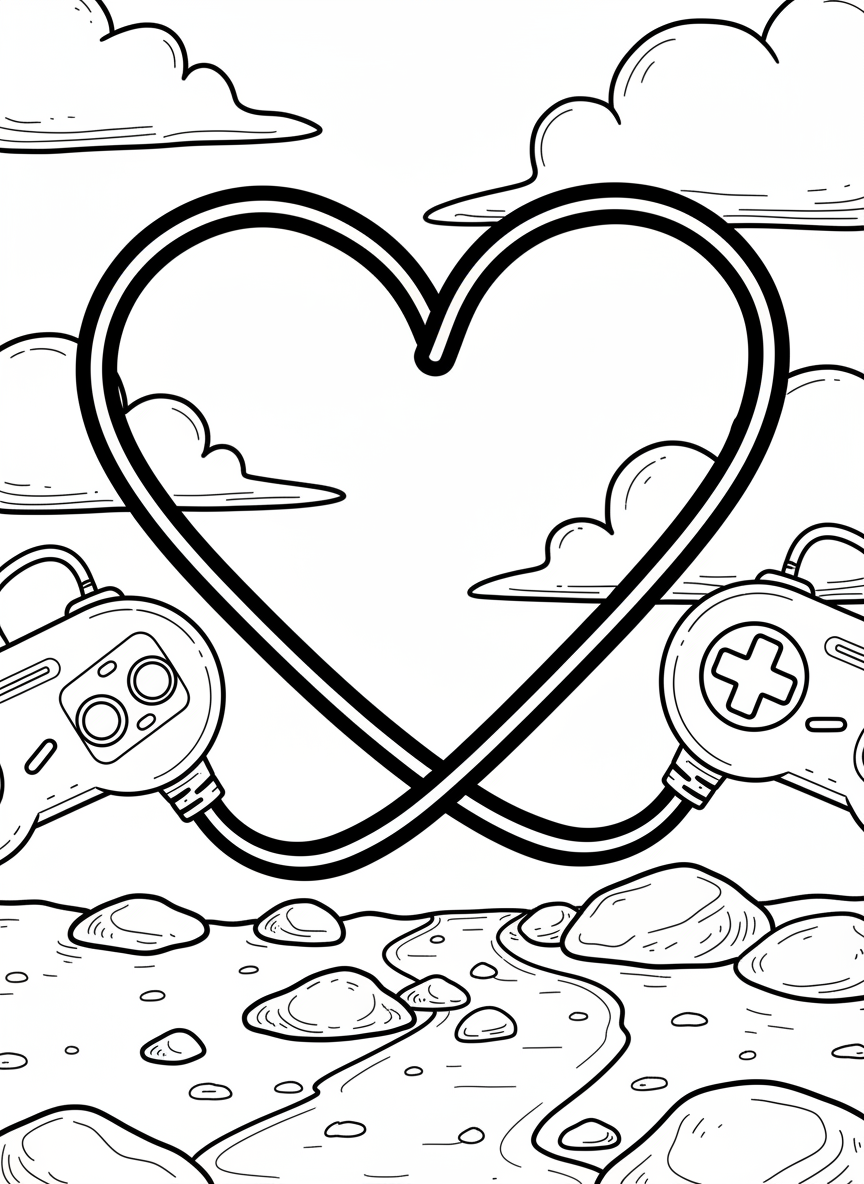 A game controller cord forming a heart shape in the middle, with controllers at each end, simple and sweet design.