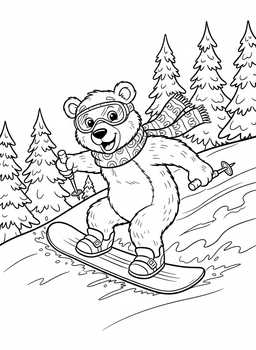 A cheerful bear wearing goggles and a scarf, snowboarding down a snowy mountain slope with pine trees in the background, simple line art for coloring.