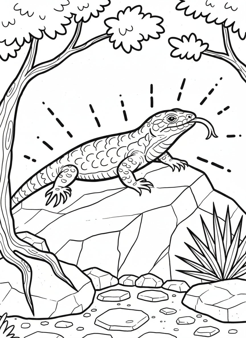 A blue-tongued lizard basking on a sunny rock, tongue sticking out, scales indicated with simple line patterns.