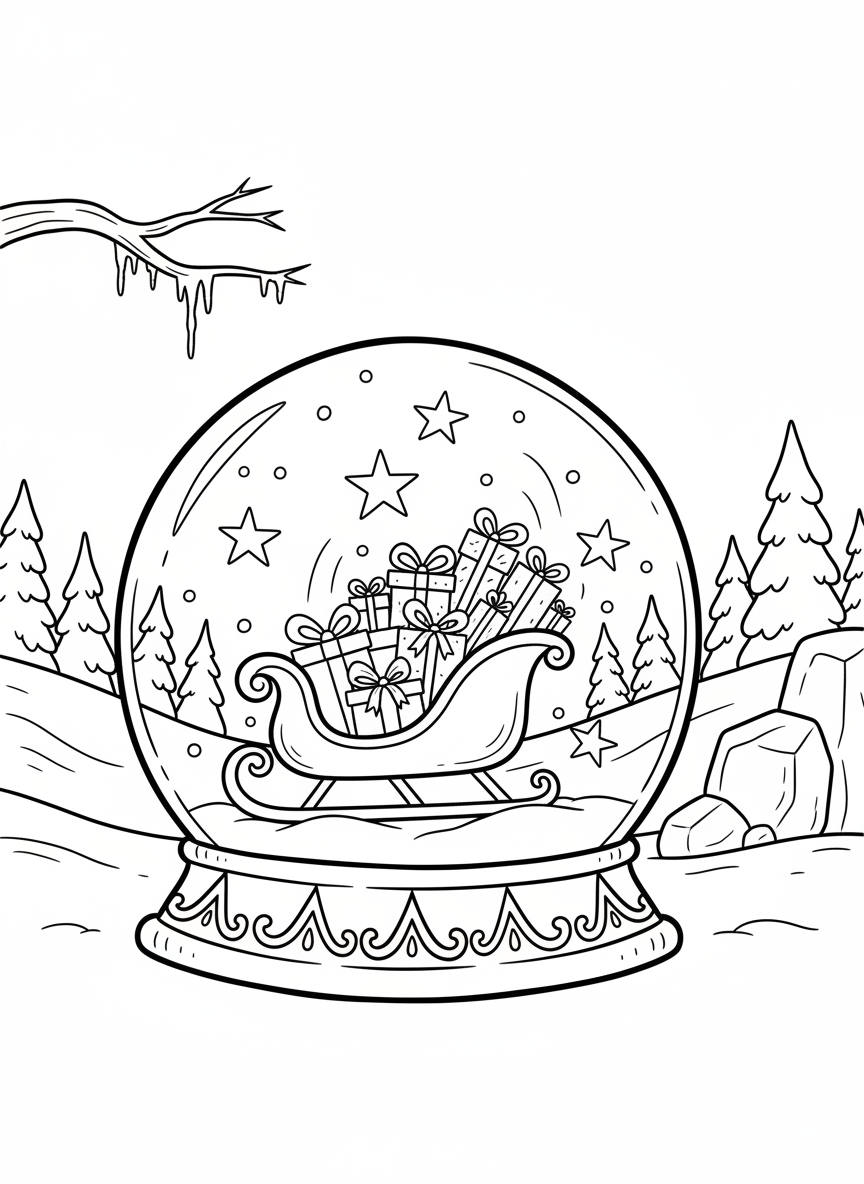 A whimsical snow globe with a sleigh filled with presents inside, surrounded by swirling snowflakes and winter stars on a decorative base.