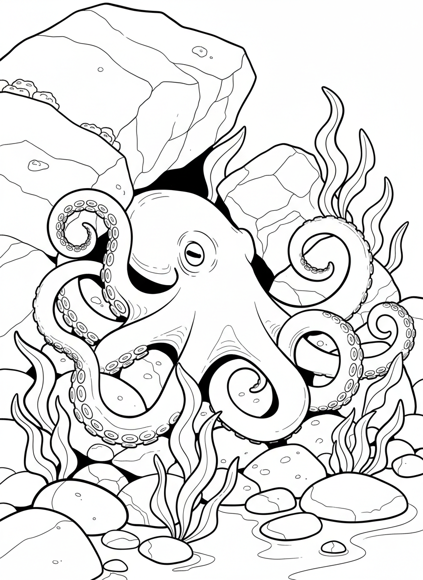 An octopus hiding among tide pool rocks with its tentacles curled around stones and seaweed floating above.