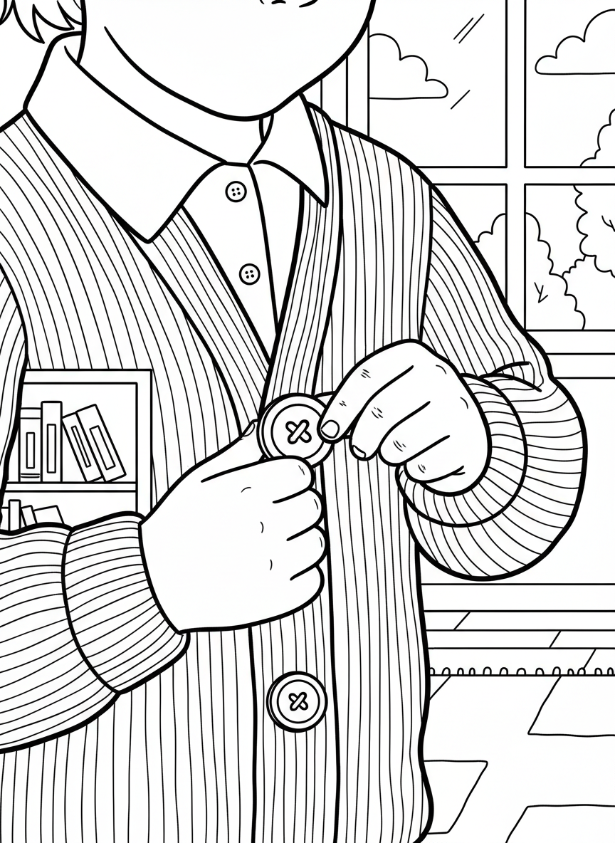 A child buttoning up a shirt or cardigan, close-up of hands working on buttons, learning to dress independently