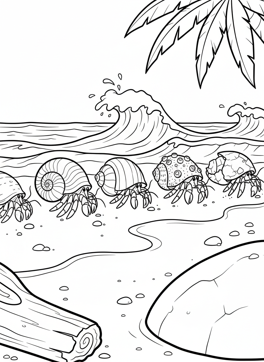 A hermit crab parade showing five crabs in different sized shells walking in a line along the shore
