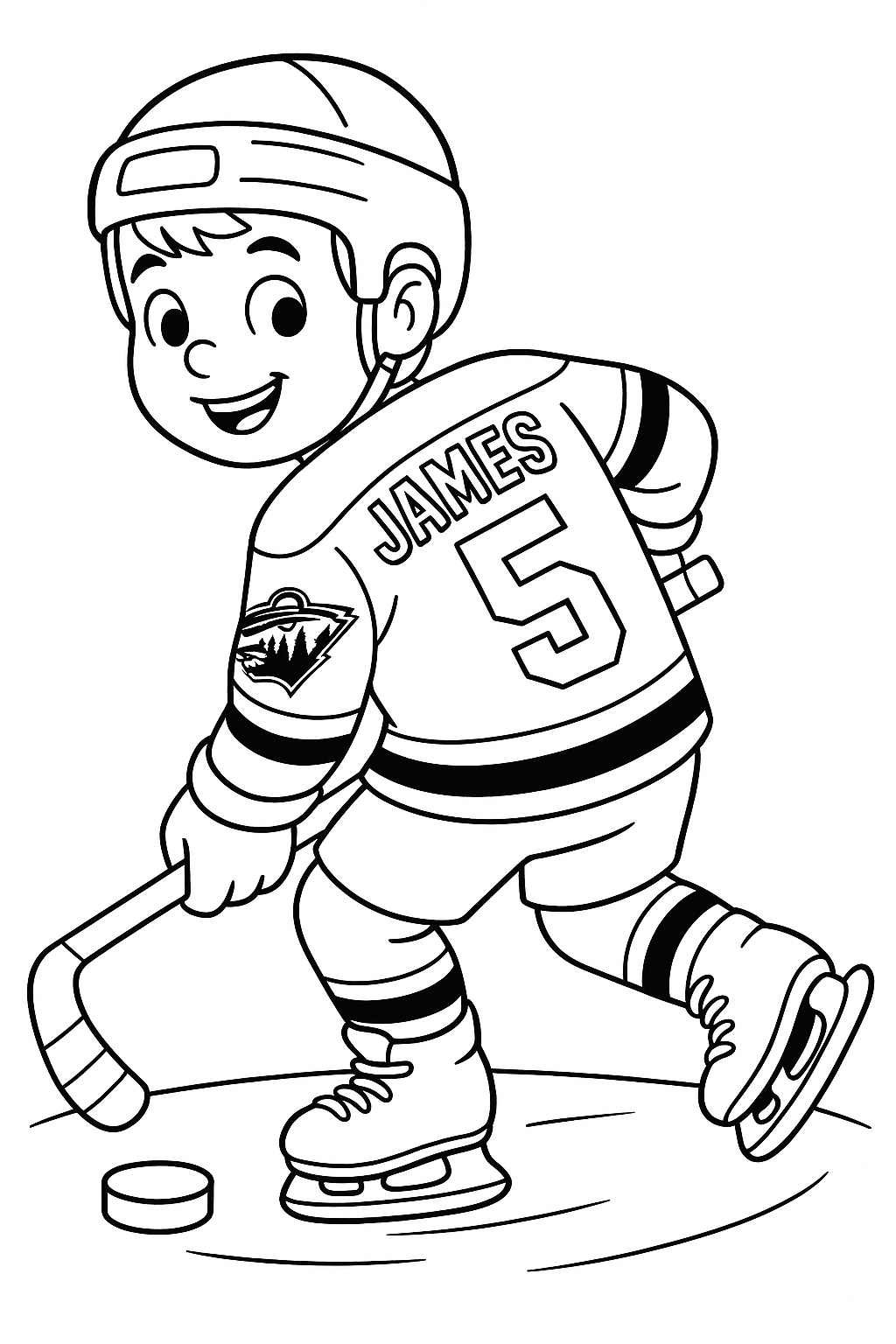 a young boy playing ice hockey wearing a Minnesota Wild jersey, with the name "James" on the back of the jersey