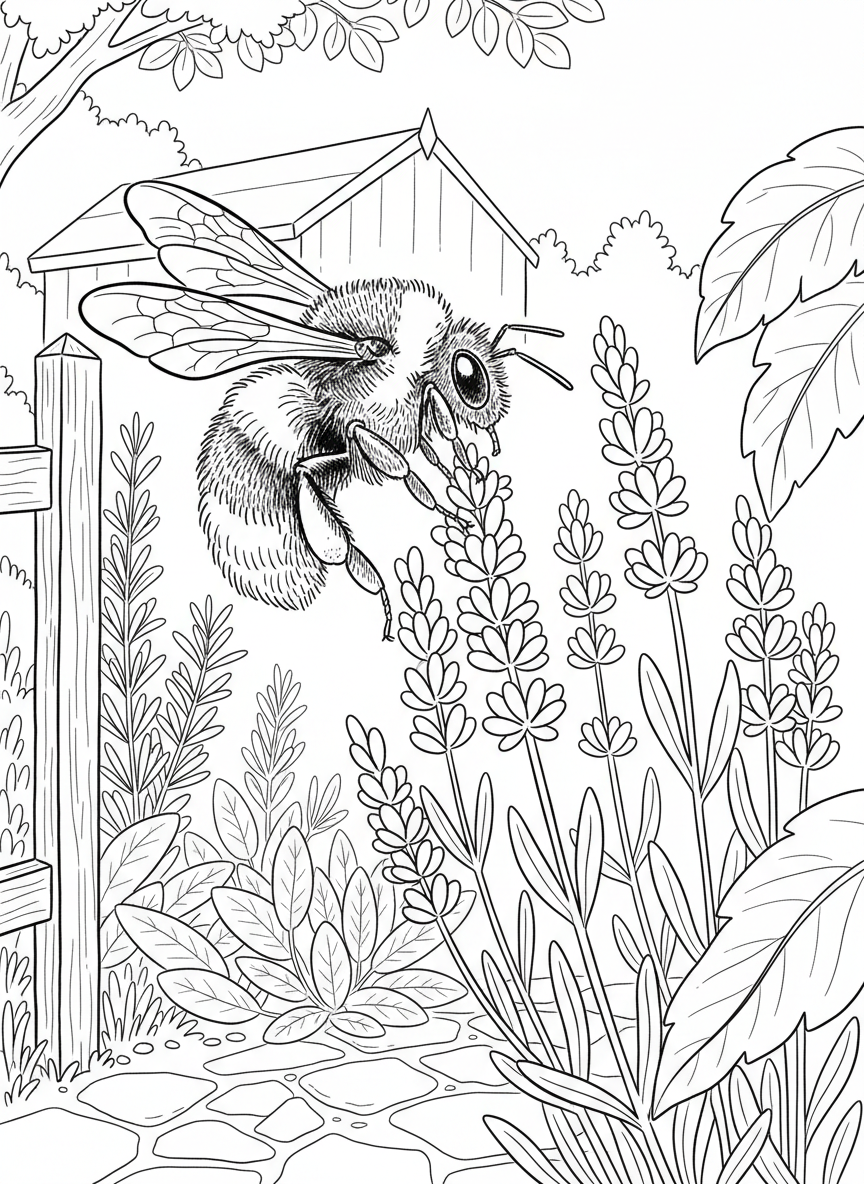 A bumblebee collecting nectar from lavender flowers in a herb garden, showing fuzzy body texture with clear outlines.