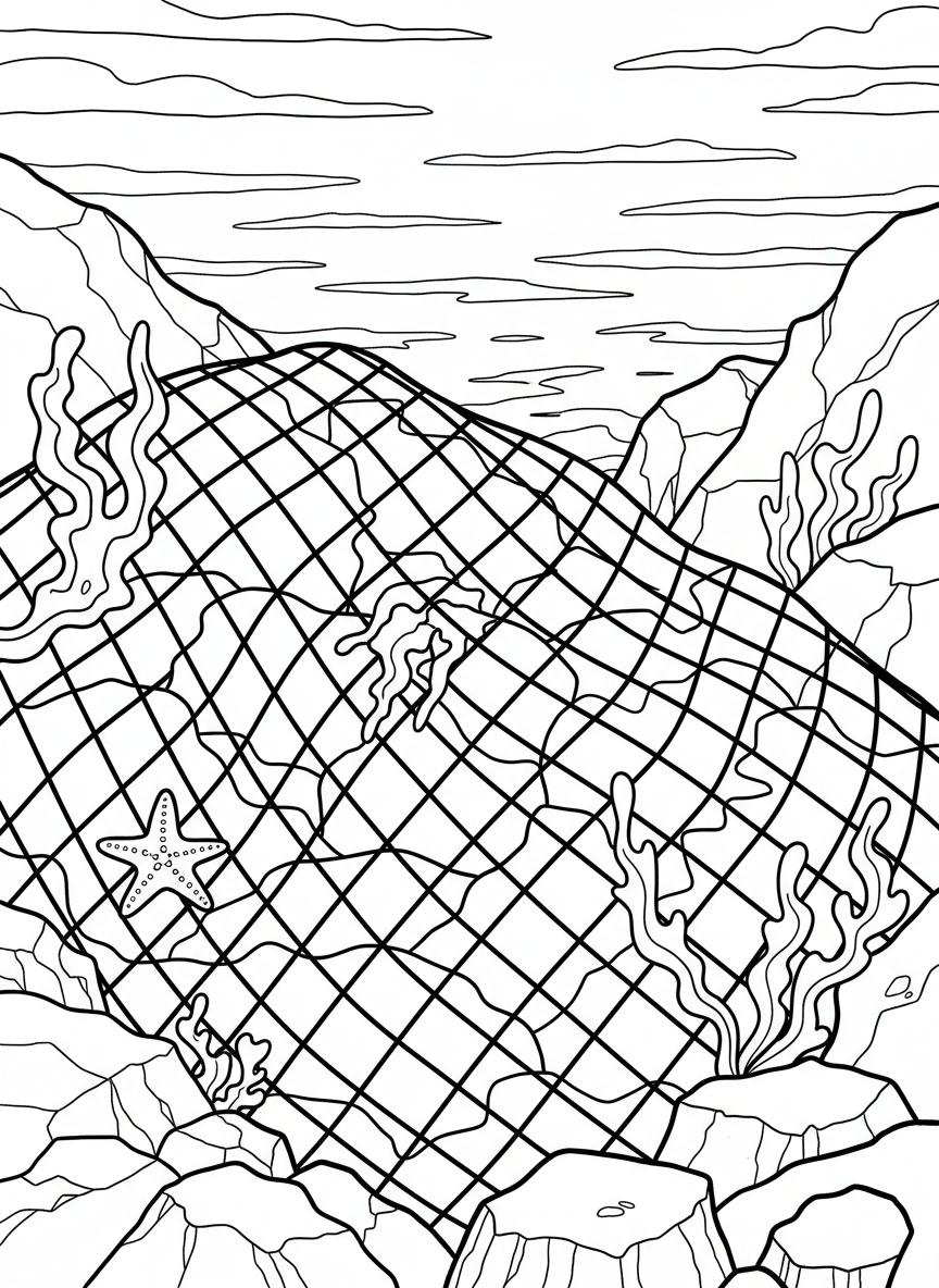 A mesh collection net lying on rocks with seaweed draped over it, and a small starfish caught inside the netting.
