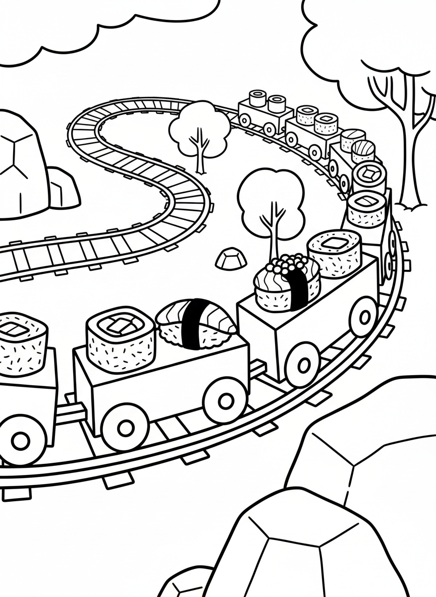 A sushi train with different sushi pieces riding on connected train cars, moving along curved tracks