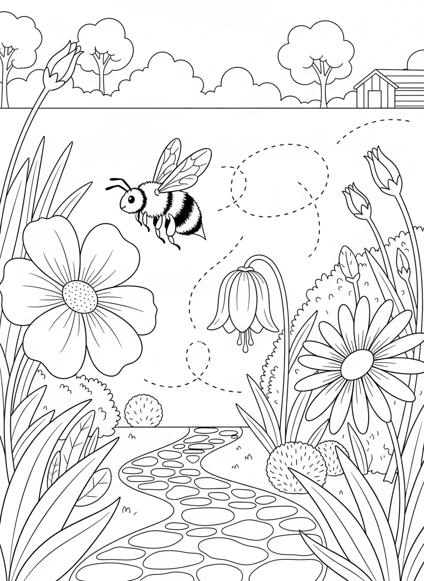 A bee flying from flower to flower in a garden path, showing the pollination journey with dotted flight lines.