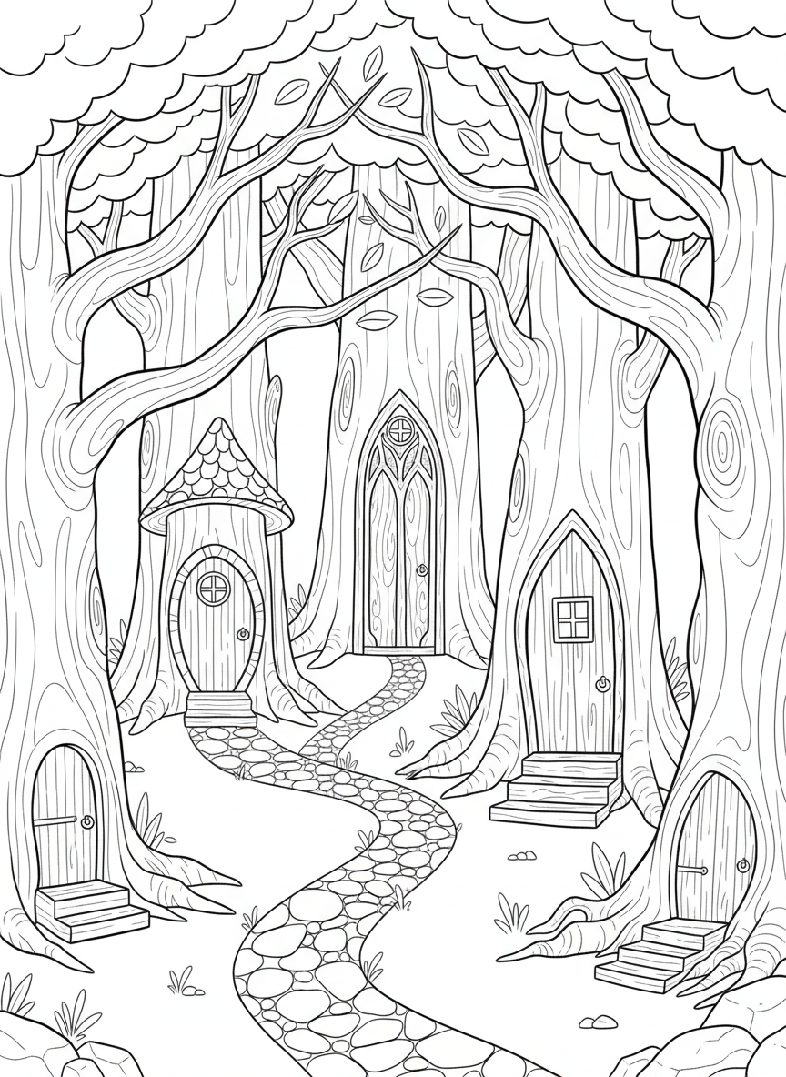 A whimsical forest scene with multiple fairy doors of different shapes and sizes on various trees, with a winding path connecting them