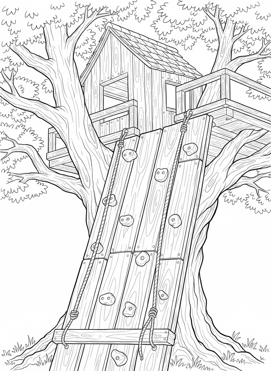 Close-up view of a wooden climbing wall attached to a treehouse, showing textured hand grips, rope sections, and wooden planks.