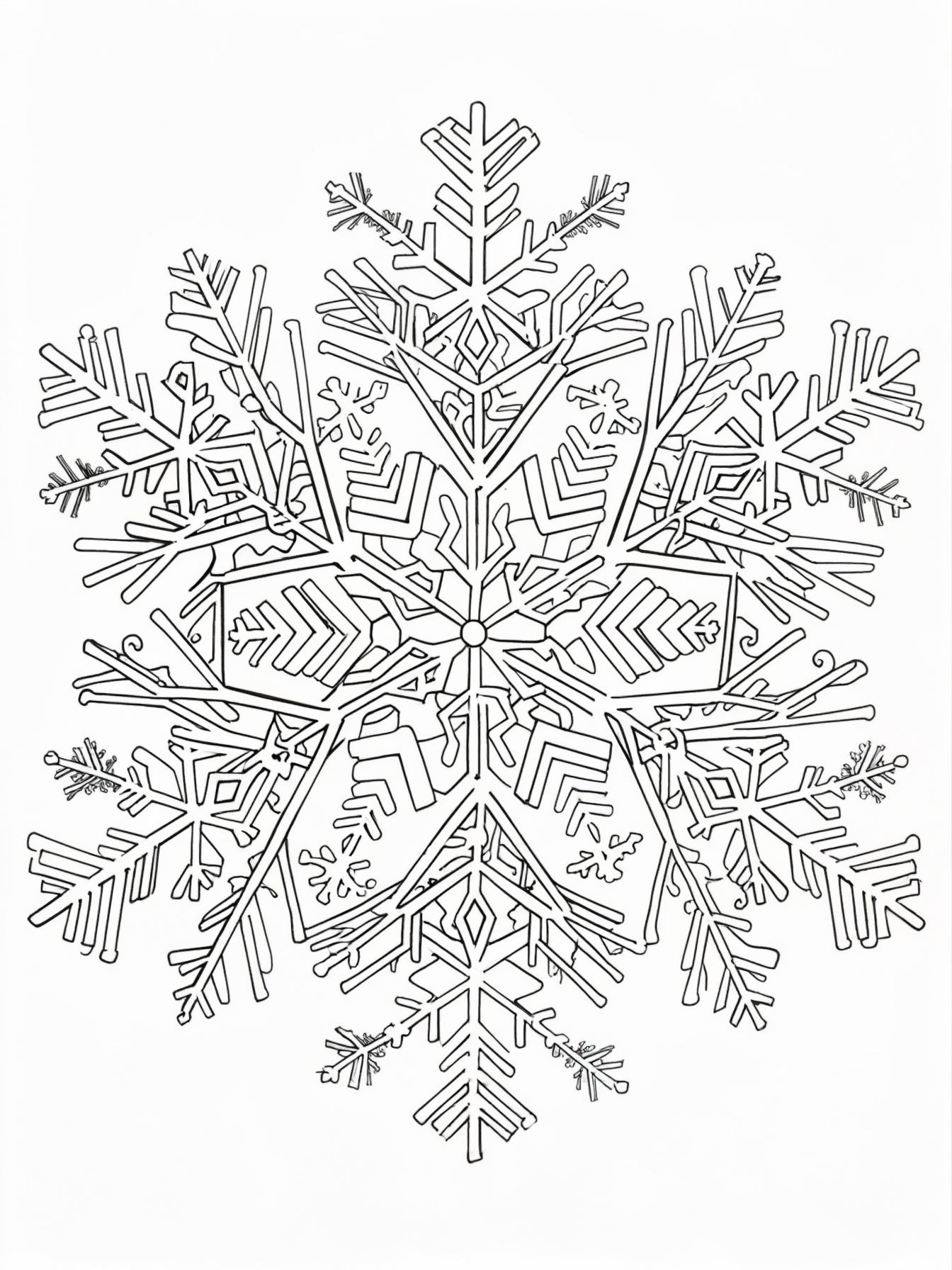 Snowflake Mandala: A complex and intricate mandala pattern made entirely of different, unique snowflake designs. Each section offers detailed coloring opportunities.