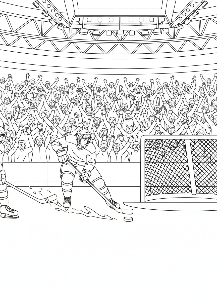 Stanley Cup Finals coloring page prompts capturing intense hockey action, frozen arenas, passionate fans, and championship tradition.	A breakaway rush down the ice, a lone skater racing toward the goal with the crowd rising in anticipation of the shot.