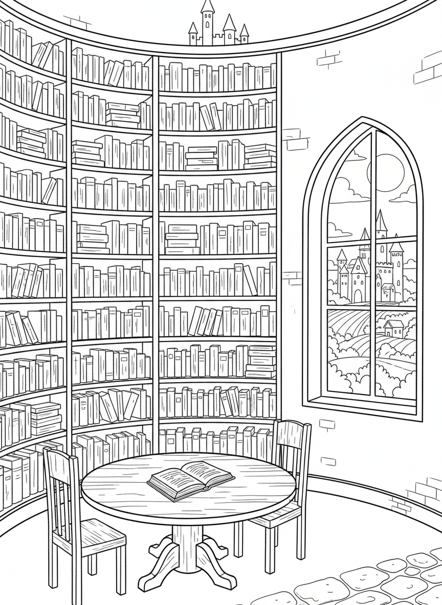 A round castle tower library filled with books on shelves, a reading table, and a window showing the kingdom outside.