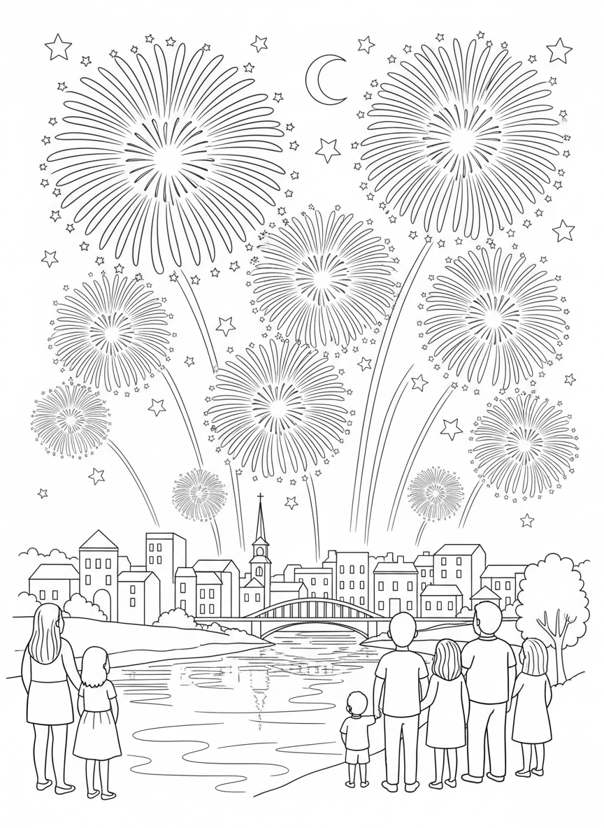 Fourth of July Fireworks coloring page prompts focusing on nighttime celebrations, glowing skies, and shared moments of awe.	Fireworks exploding high above a town skyline, reflections shimmering on nearby water as families watch from below.