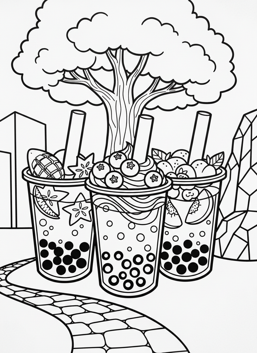 Three different bubble tea cups in a row, each with unique fruit toppings like mango, blueberries, and peaches, simple outlines