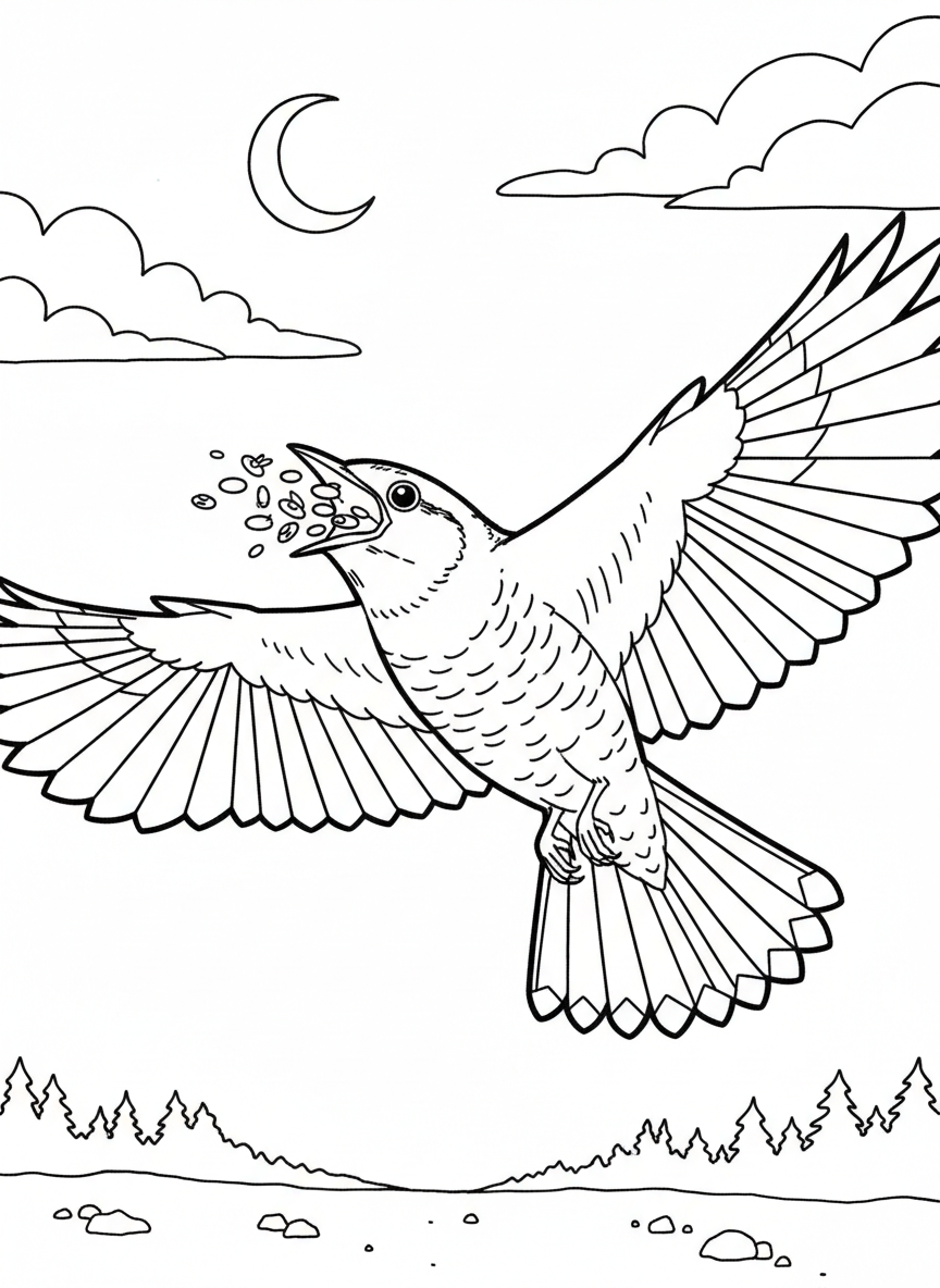 A nighthawk in flight with its mouth open catching insects, showing its distinctive wing pattern against the night sky