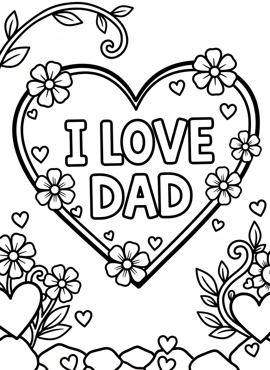 A large heart shape filled with the words 'I LOVE DAD' and decorated with smaller hearts and flowers around the border.