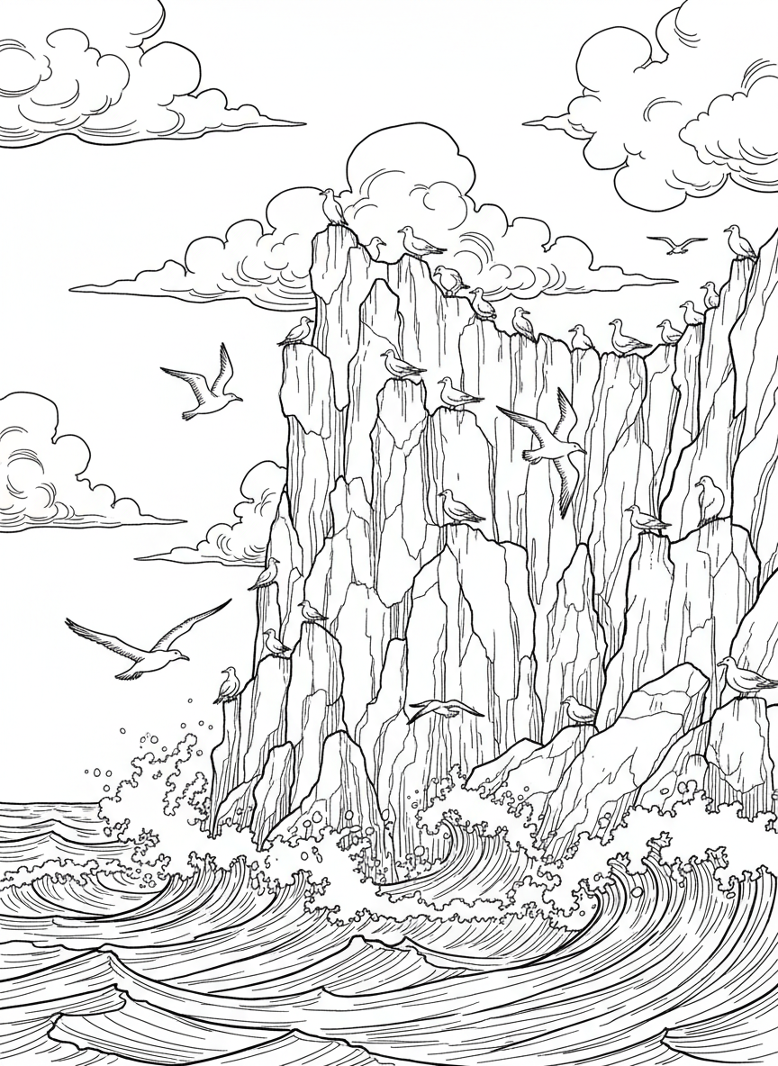 A dramatic cliff face overlooking the ocean with waves crashing below, seabirds nesting on ledges, and clouds in the distance.