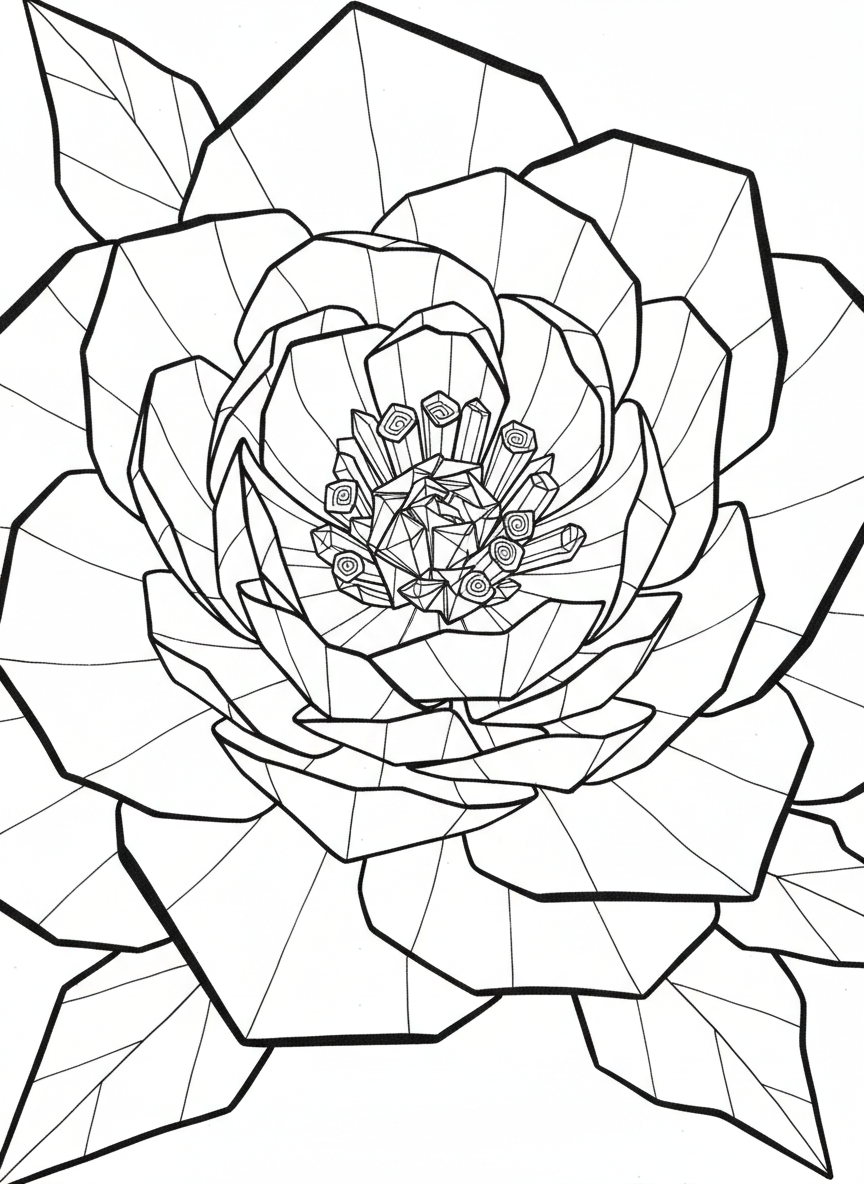 A giant origami peony flower close-up showing many layered petals with crease lines, intricate center detail, perfect for detailed coloring.