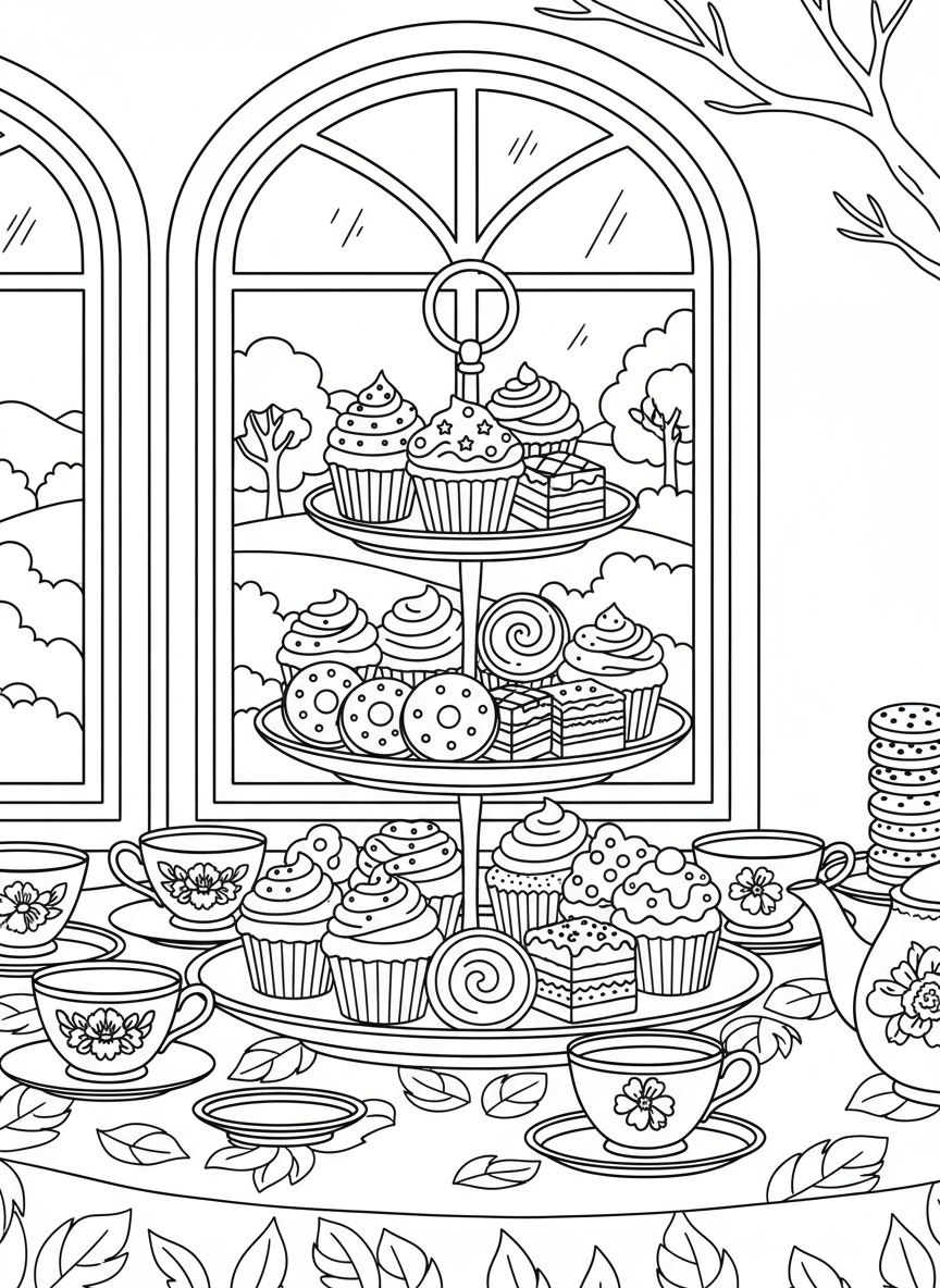 An elegant three-tier cake stand filled with cupcakes, cookies, and petit fours, surrounded by decorative teacups, detailed illustration