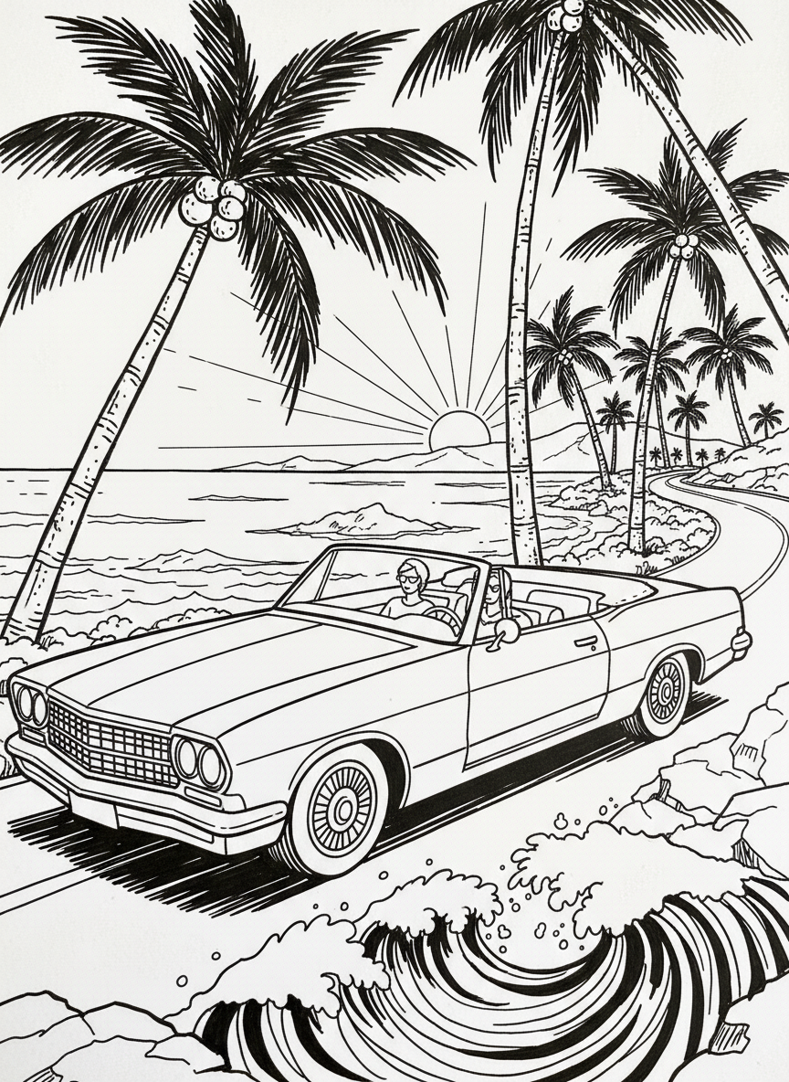 A convertible car with the top down, driving along a coastal road with palm trees and ocean waves in the background