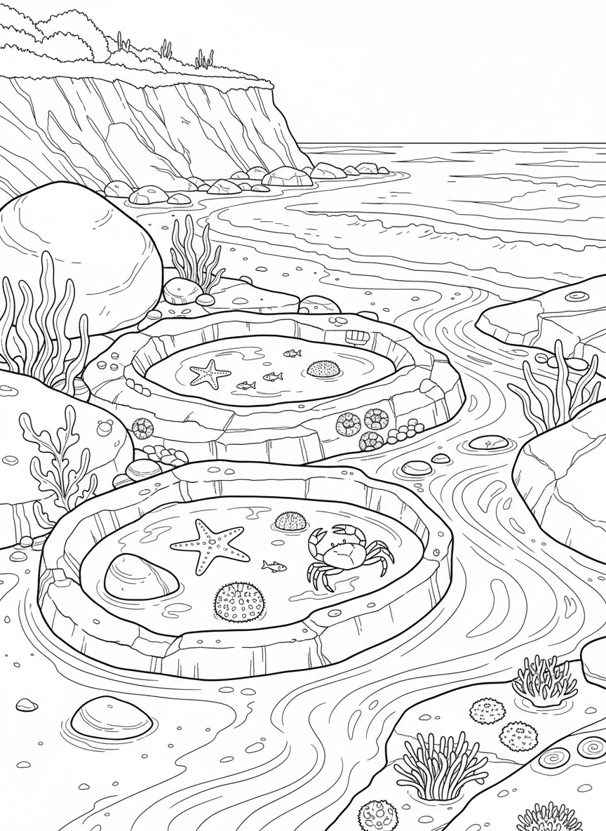 A panoramic tide pool view showing the water's edge, various rocks at different heights, multiple creatures, and coastal plants above the waterline
